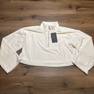 Fabletics Plush Rib Half Zip Sweatshirt Crop Top, Bone White, XL New‎ With Tags